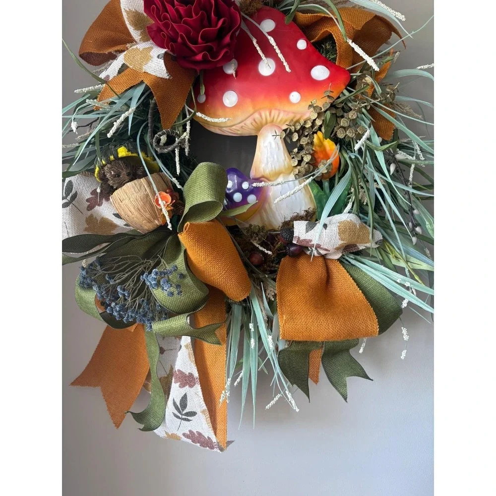 Whimsical Mushroom Wreath Front Door Enchanted Woodland Cottagecore Bluebird